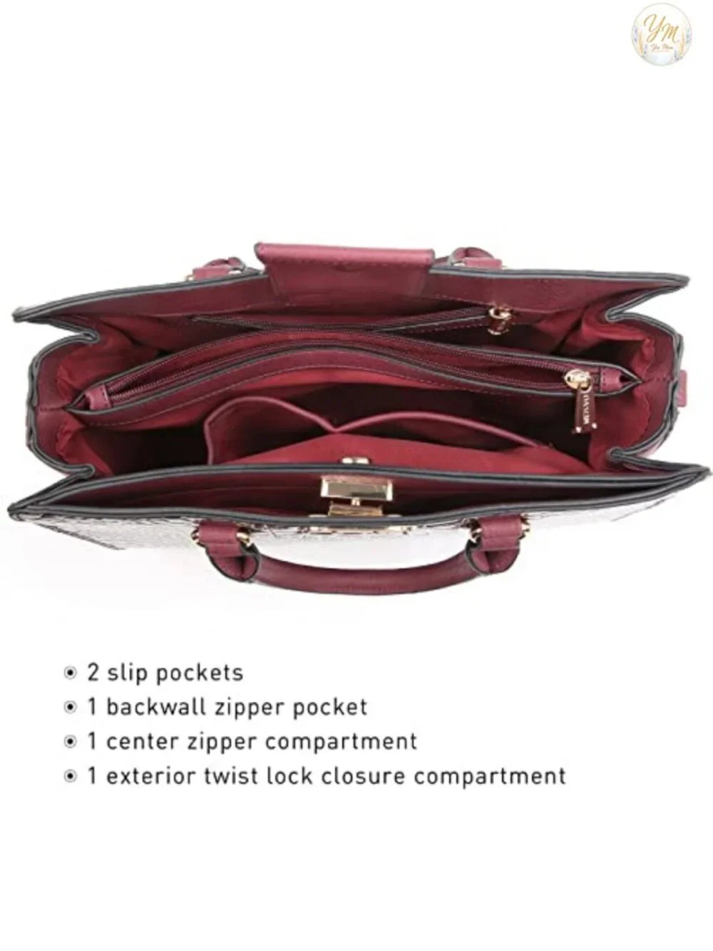 Vegan Leather Satchel Tote with Gold Twist Lock and Matching Clutch